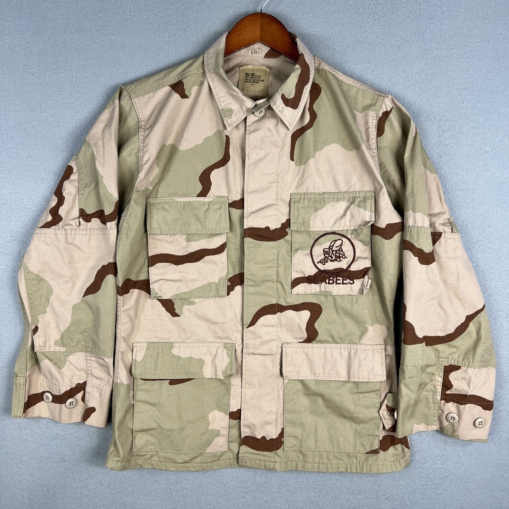 VTG US Military Desert Camo Combat Coat Seabees Embroidered Ripstop Jacket 1999